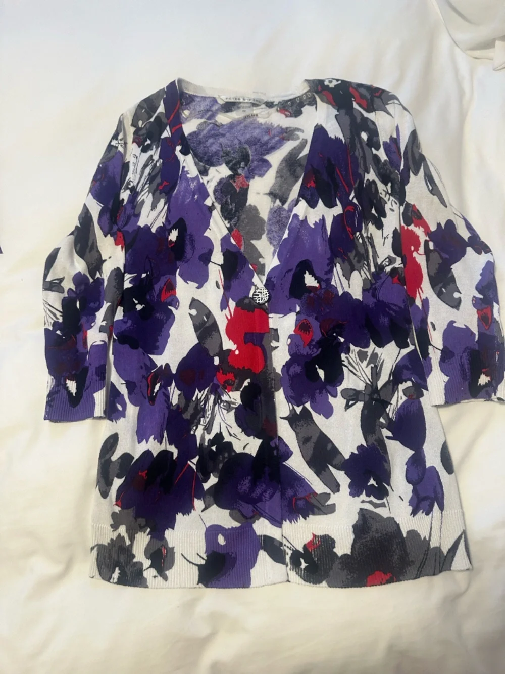 Peter Nygard Medium Floral V-Neck Cardigan Sweater - Purple/White One Button - Picture 4 of 10